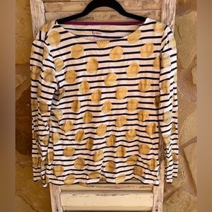 Boden Womens Gold Foil Polka Dot Striped T Shirt Size 10 Long Sleeve Breton.